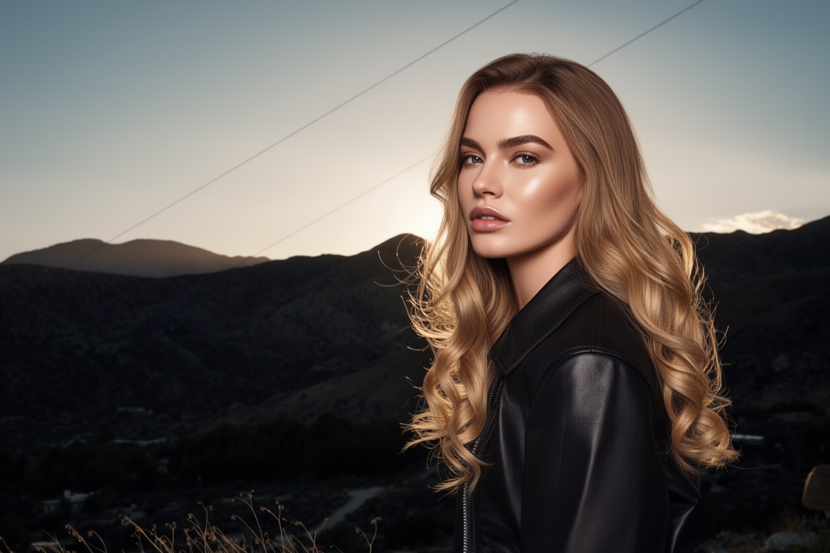Leather jacket and chaps, outdoor blonde, back